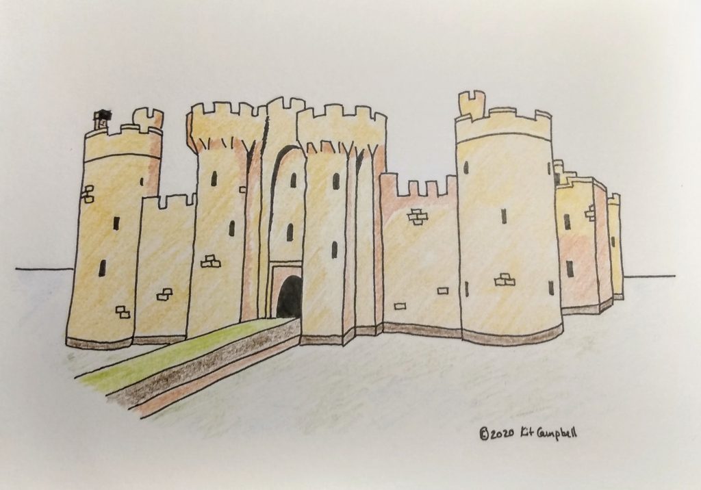 castle drawing, colored with colored pencils